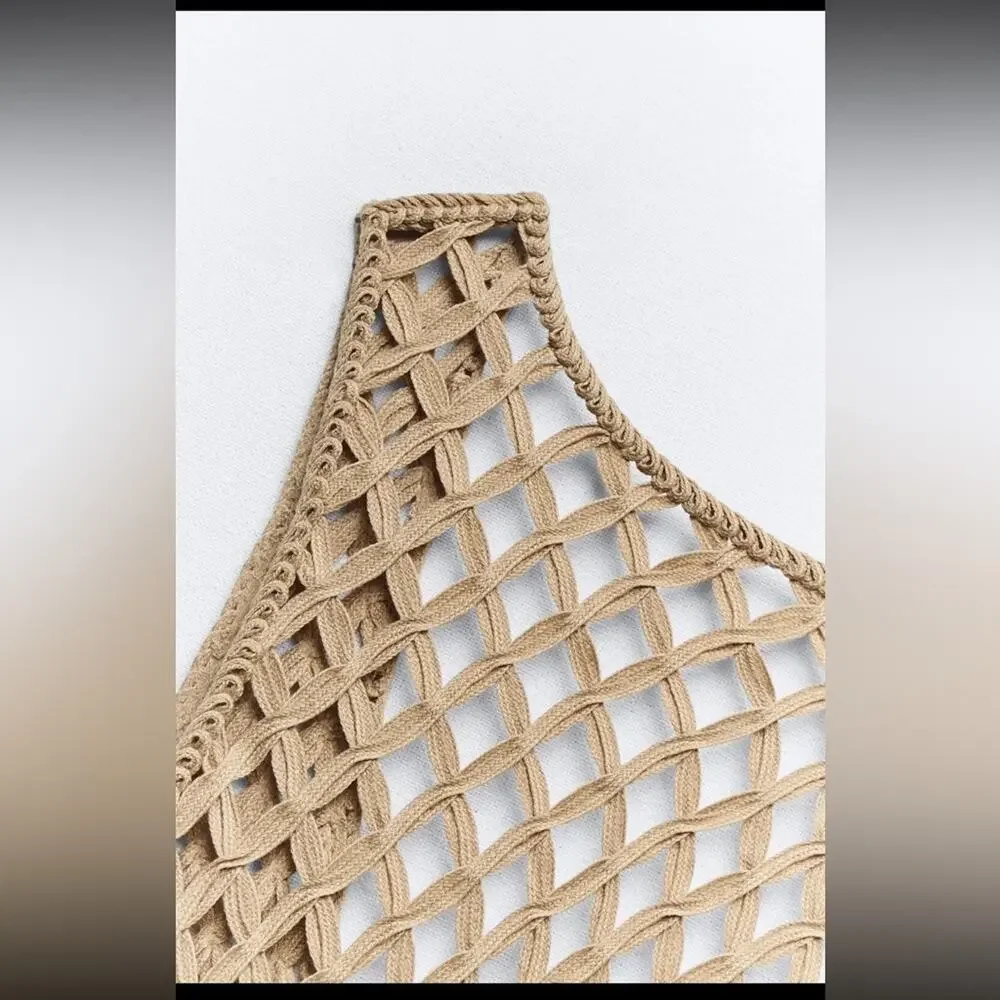 ZARA WOMEN MESH DRESS WITH FRING BEACH COVERUP Tan Crochet Small - Picture 8 of 13